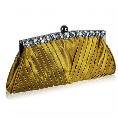 Gold Satin Clutch With Crystal Decoration